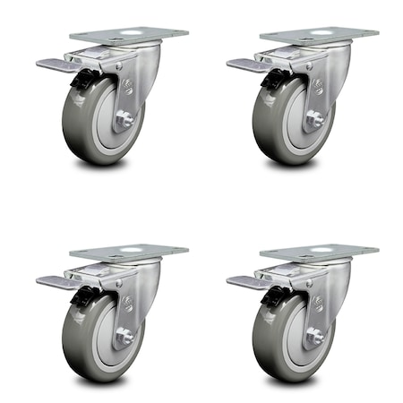 Service Caster 4 Inch Gray Polyurethane Swivel Top Plate Caster Set with Total Lock Brake SCC SCC-TTL20S414-PPUB-4